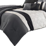 Benzara 7 Piece King Size Cotton Comforter Set with Geometric Print, Gray and Black