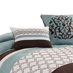 Benzara Quatrefoil Queen Size 8 Piece Fabric Comforter Set , Brown and Blue