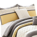 Benzara Quatrefoil Print King Size 7 Piece Fabric Comforter Set, Yellow and Gray