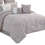 Benzara Queen Size 9 Piece Fabric Comforter Set with Medallion Prints, White