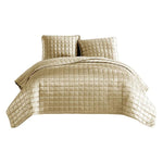 Benzara 3 Piece King Size Coverlet Set with Stitched Square Pattern, Gold