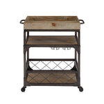 Benzara Wood and Metal 3 Level Bar Cart with Caster Wheels and Side Handle, Brown