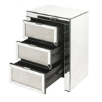 Benzara 3 Drawer Beveled Mirrored Nightstand with Faux Diamond Inlay, Silver