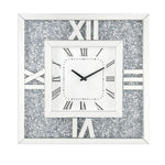 Benzara Square Mirror Panel Frame Wall Clock with Faux Diamond, Silver