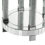 Benzara Round Mirrored Frame End Table with Faux Diamond and Bottom Shelf, Silver