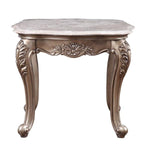 Benzara Marble Top Wooden End Table with Carvings and Anne Legs, Champagne Gold