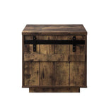 Benzara Sliding Barn Door Wooden End Table with Rough Hewn Saw Texture,Rustic Brown