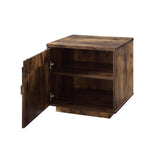Benzara Sliding Barn Door Wooden End Table with Rough Hewn Saw Texture,Rustic Brown