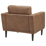 Benzara Mid Century Fabric Chair with Track Arms and Loose Back Pillows, Brown