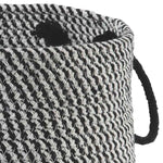Benzara Round Shaped Fabric Basket with Braided Handles, Black and White