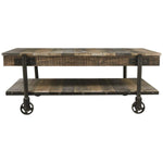 Benzara Plank Style Wooden Cocktail Table with Bottom Shelf and Caster Wheels,Brown