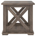 Benzara Wooden Square End Table with Bottom Shelf and Cross Design Sides, Brown