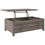 Benzara Wooden Cocktail Table with Reclining Lift Top, Weathered Brown
