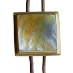 Benzara BM229272 Square Shape Pearl Accent Bolo Tie with Leather Cord, Brass