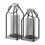 Benzara Geometric Lantern with Glass Hurricane, Set of 2, Black and Gray