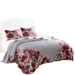 Benzara Dublin 3 Piece Reversible Pinstripe and Floral Border Queen Quilt Set, Multicolor