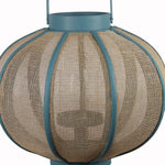 Benzara Farmhouse Wood and Metal Lantern with Mesh Details, Blue and Beige