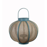 Benzara Farmhouse Wood and Metal Lantern with Mesh Details, Blue and Beige