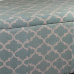 Benzara BM96238 2 Piece Oblong Upholstered Storage Ottoman with Quatrefoil Print, Teal Blue