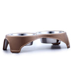 Benzara Plastic Framed Double Diner Pet Bowl in Stainless Steel, Small, Gold and Silver-Set of 4