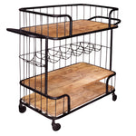 The Urban Port Metal Frame Bar Cart with Wooden Top and 2 Shelves, Black and Brown