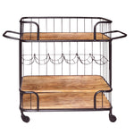 The Urban Port Metal Frame Bar Cart with Wooden Top and 2 Shelves, Black and Brown