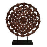 The Urban Port Intricately Carved Round Wooden Wheel Sculpture on Rectangular Stand, Rustic Brown, Large