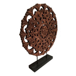 The Urban Port Intricately Carved Round Wooden Wheel Sculpture on Rectangular Stand, Rustic Brown, Large