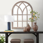 The Urban Port Arched Farmhouse Windowpane Wooden Wall Mirror, Washed Brown