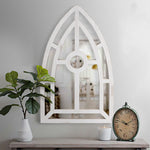 The Urban Port Arched Window Pane Wooden Wall Mirror with Trimmed Details, Silver