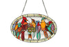 Stained glass panel with colorful birds on a white background