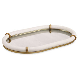 Uttermost 18229 Cyprus White Faux Shagreen Leather Oval Tray with Brass Accents & Mirrored Base – 24