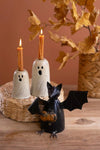 Set of 2 grey metal ghost taper candle holders with distressed finishes