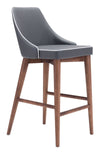 Zuo Modern – Moor Bar Stool, 26"H, Dark Gray Faux Leather, Walnut Wood Base, Wingback Mid-Century Design