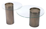 Two glass-top side tables with metallic cylindrical bases on a white background