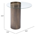 Bronze cylindrical side table with glass top and dimensions on a white background