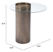 Bronze cylindrical side table with glass top and dimensions on a white background