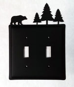 Double Bear & Pine Trees Double Switch Cover 6.63" H Black Metal Rustic Decorative Plate By Village Wrought Iron Inc.