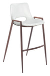 Faux Leather White Barstool with Arms, 39"H Walnut Steel Base – Set of 2 – Zuo Modern