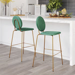 Zuo Modern Odessa Tall Barstools Set of 2, Green Velvet Upholstery with Gold Steel Frame, 43.3"H