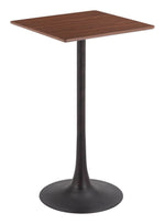 Bar Table 41.7"H Brown – Faux Wood MDF Square Top with Powder-Coated Steel Pedestal Base, Modern Indoor Accent by Zuo Modern