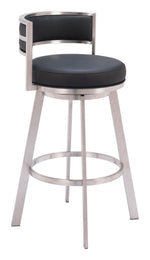 Zuo Modern – Gimsby Swivel Barstool Black, 38.2" H, Faux Leather and Brushed Stainless Steel, Modern Glam Deco Style