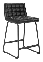 Black Tufted Faux Leather Counter Stool Set With Footrest