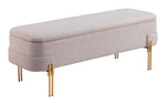 Storage Bench Oatmeal Beige 16.9" H– Textured Polyester Fabric Seat with Gold Electroplated Steel Legs, Modern Indoor Bench By Zuo Modern