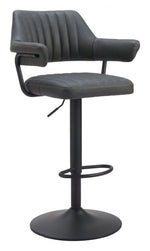 Barstool 46.9 - Gray Finish With Faux Leather & Steel Frame, Adjustable with Armrests and 360° Swivel By Zuo Modern