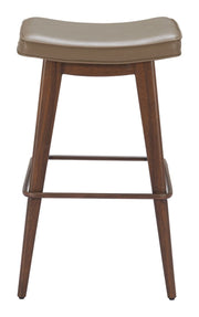 Bar stool with brown wooden legs and beige cushioned seat on a white background