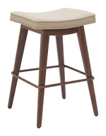 Counter Stool  – 27" H With Beige Upholstered Seat & Walnut Faux Wood Steel Frame (Set of 2) By Zuo Modern