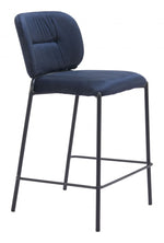 Counter Stool , 36.2" H, Blue Velvet Upholstery, Black Powder-Coated Steel Legs (Set of 2) By Zuo Modern