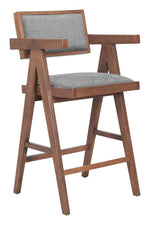 Counter Stool 39.4" H, Gray Polyester Linen Seat with Walnut Rubberwood Frame (Set of 2) By Zuo Modern