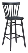 Black wooden bar stool with slatted backrest on a white background